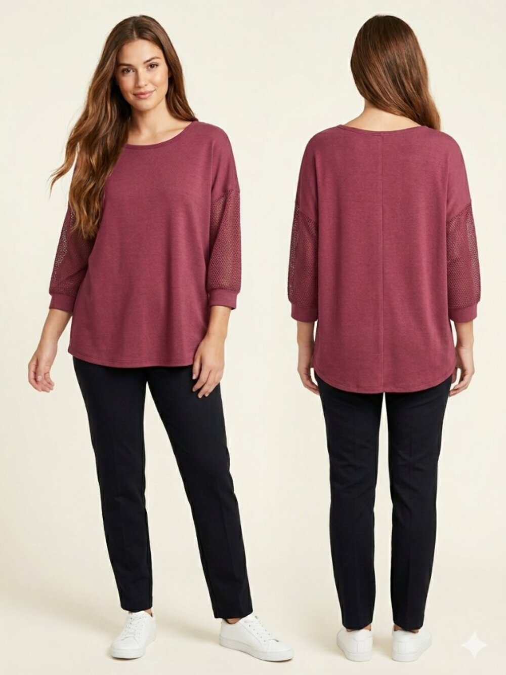 LIVE WELL Lifestyle Mesh Sleeve Sweatshirt Pullover Top Burgundy Wine Size L